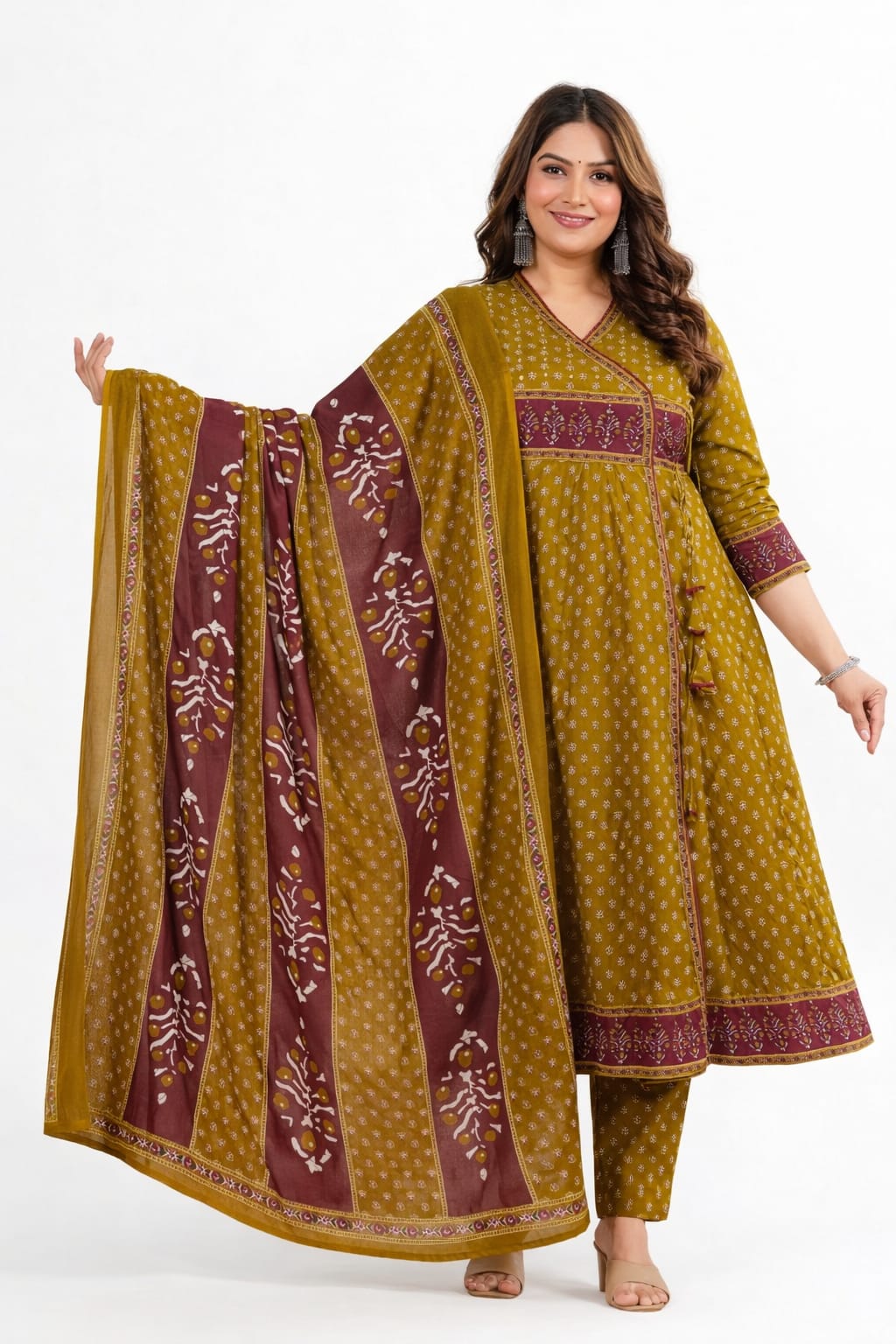 Mustard & Maroon Block Print Anarkali
