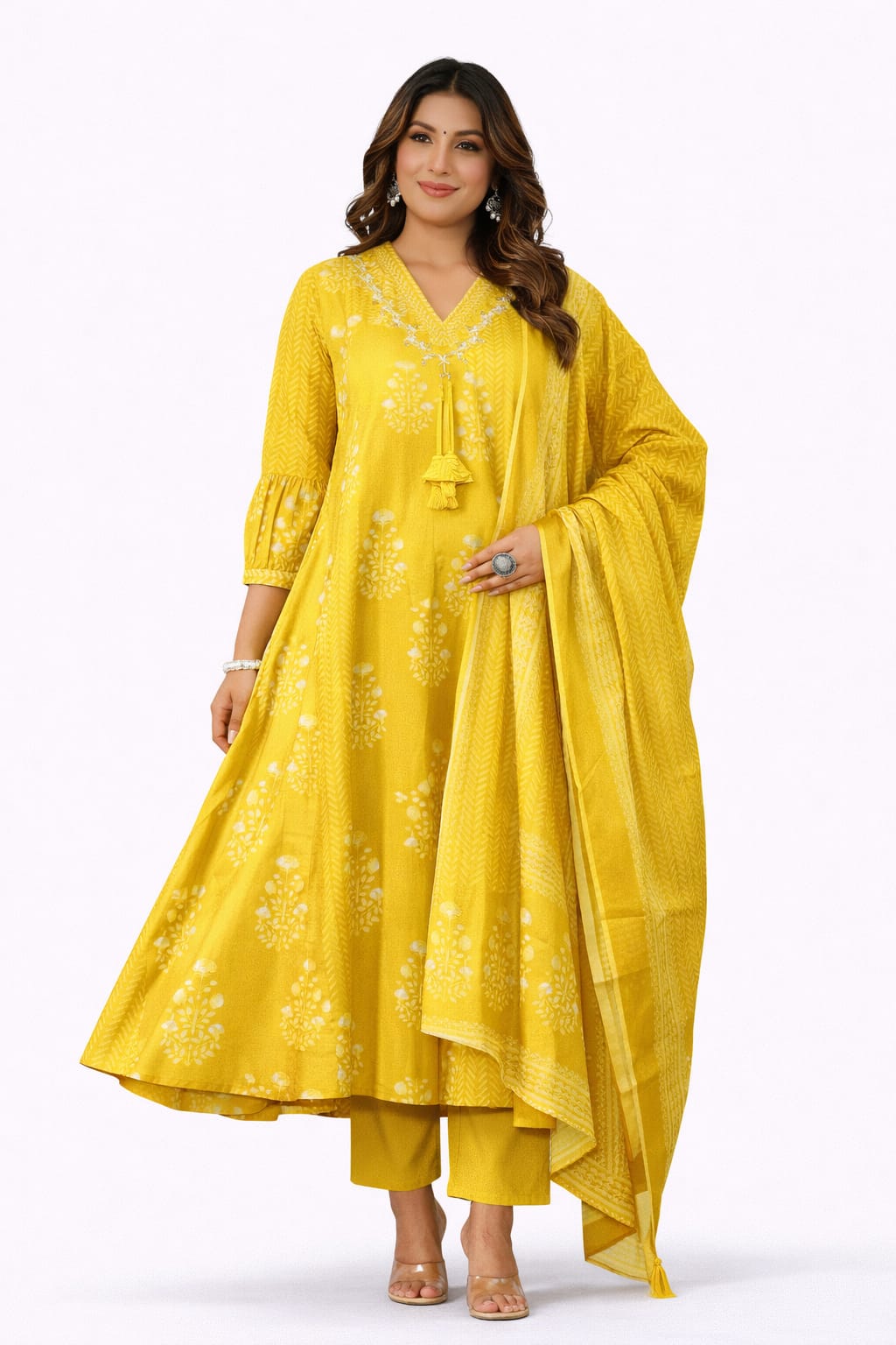 Yellow Block Print Anarkali