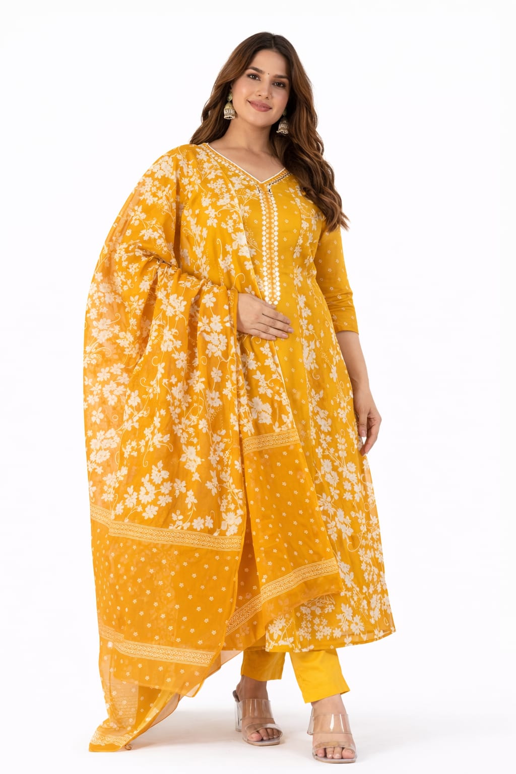 Yellow & White Floral Mul Cotton Anarkali
