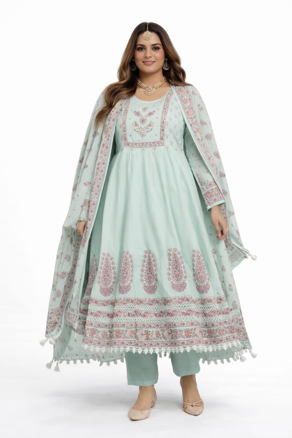 Light Mint Floral Mul Cotton Anarkali