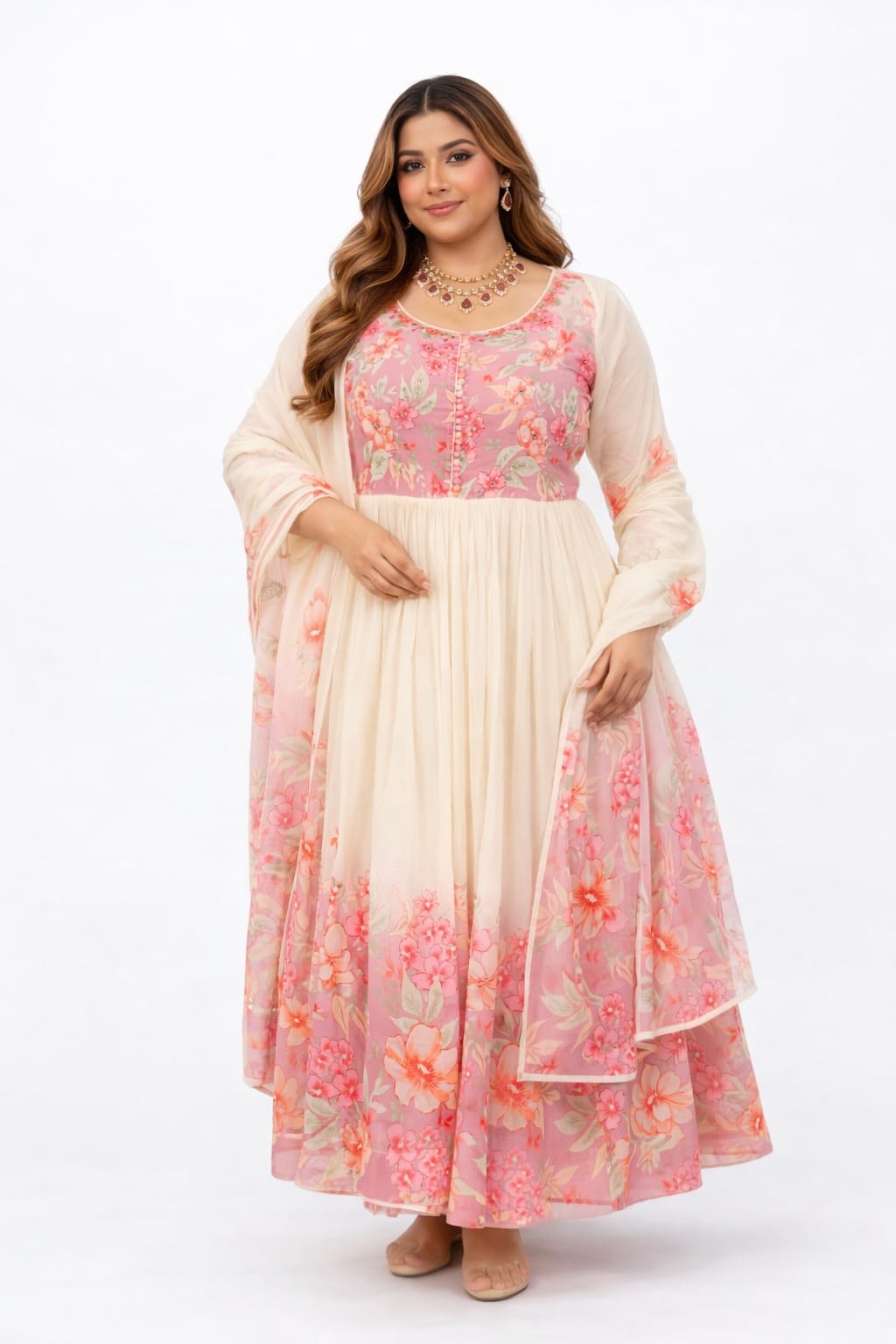 Ivory & Pink Floral Mul Cotton Anarkali