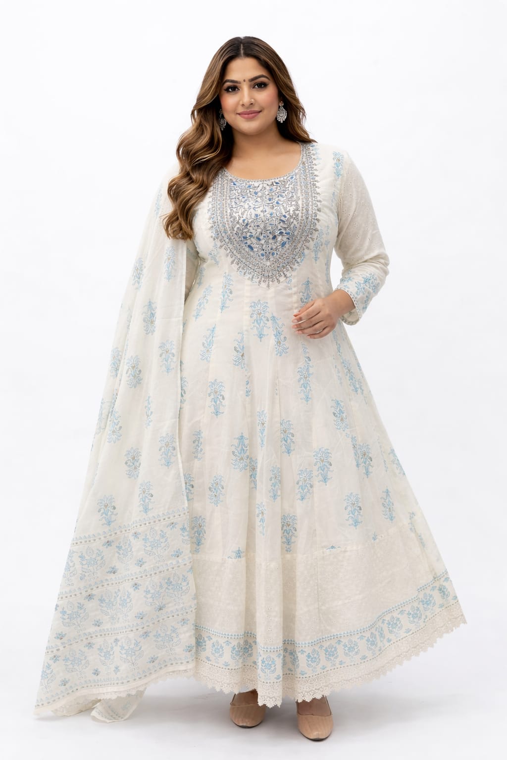 White & Blue Floral Mul Cotton Anarkali