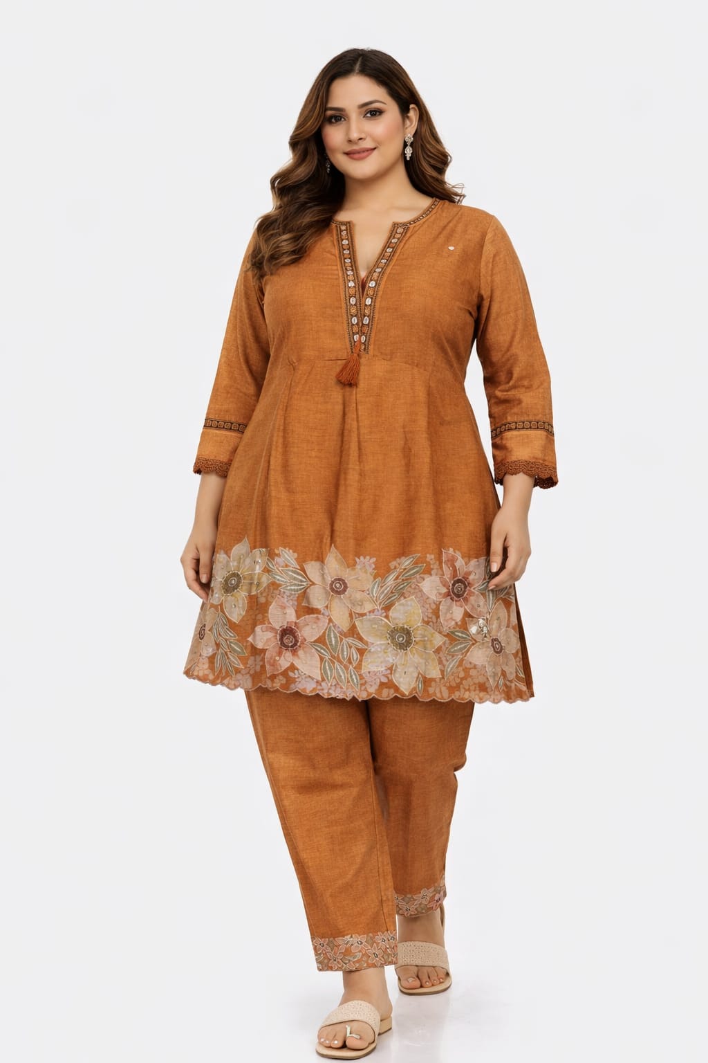 Rust Brown Floral Embroidered Co-ord Set
