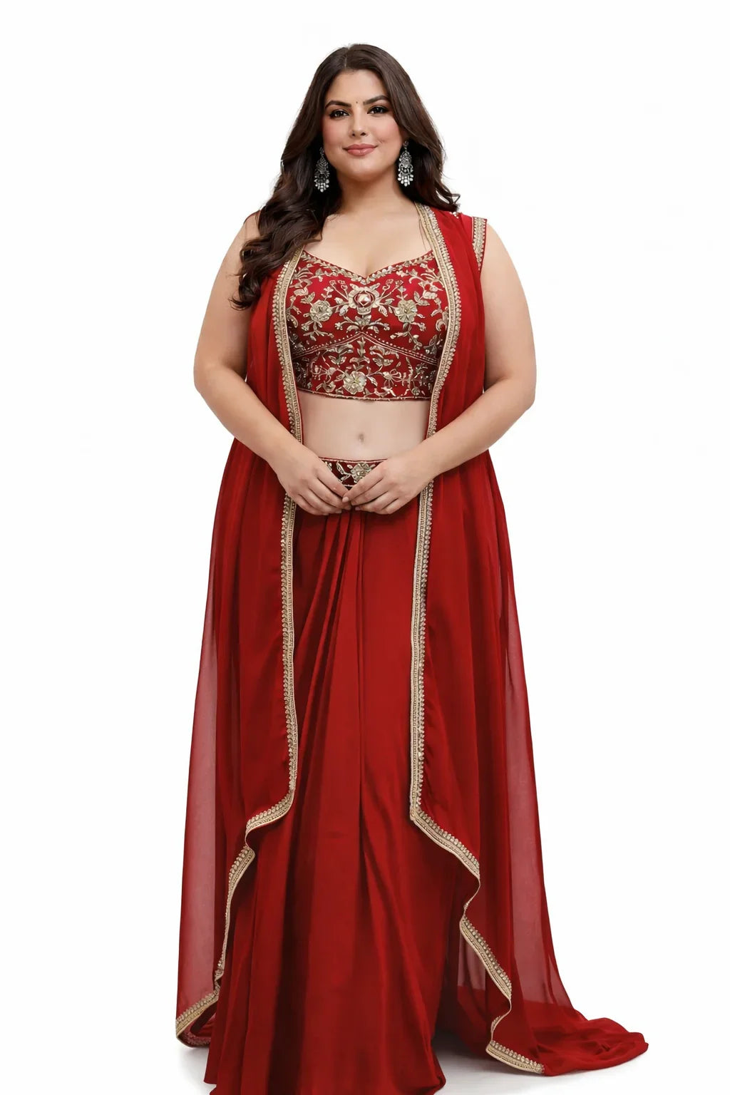 Red Embroidered Draped Set with Cape