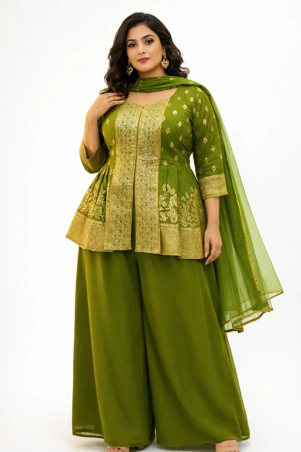 Parrot Green Banarasi Peplum Sharara Set