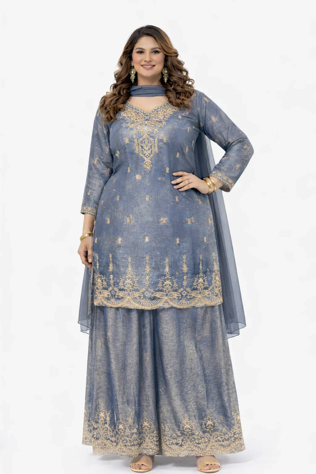 Grey Glass Tissue Zari Embroidered Sharara Set