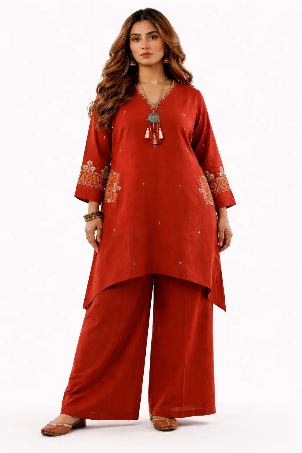 Rust Red Ethnic Embroidered Co-ord Set
