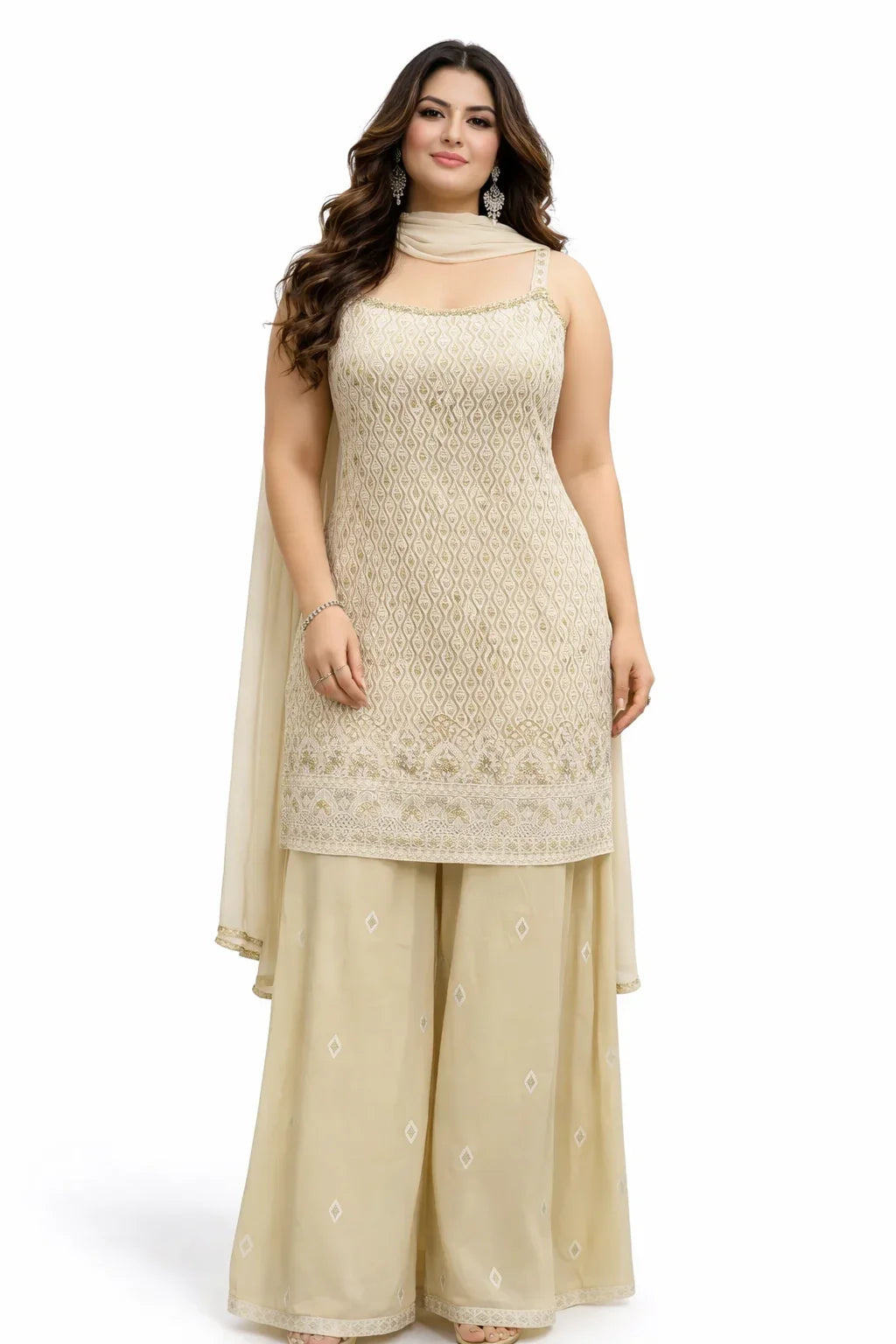 Cream Embroidered Sharara Set