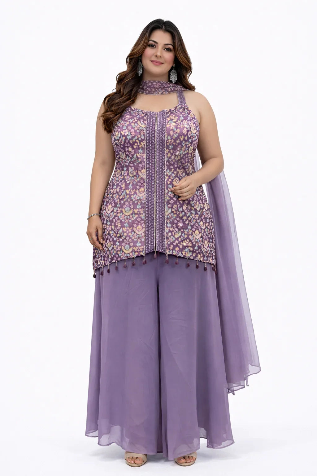 Purple Printed Strappy Neck Sharara Set