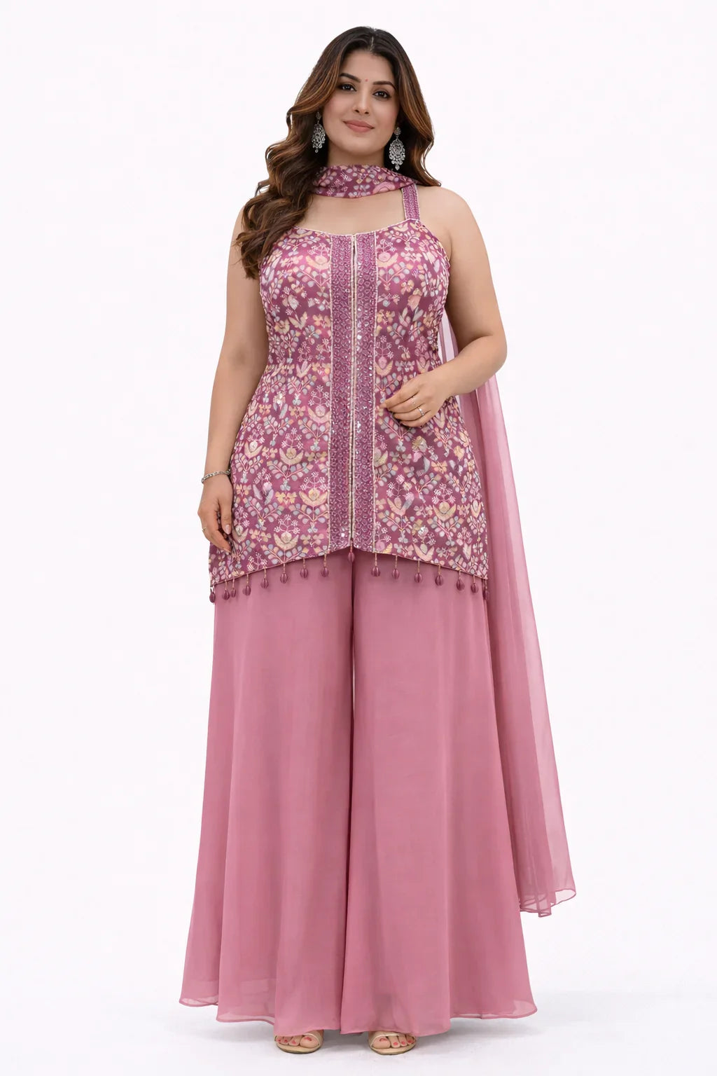 Pink Printed Strappy Neck Sharara Set