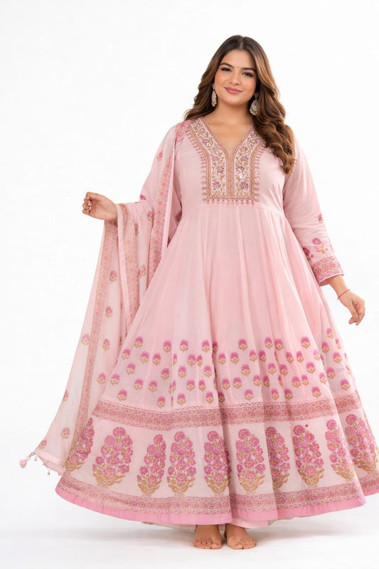 Pink Floral Mul Cotton Anarkali