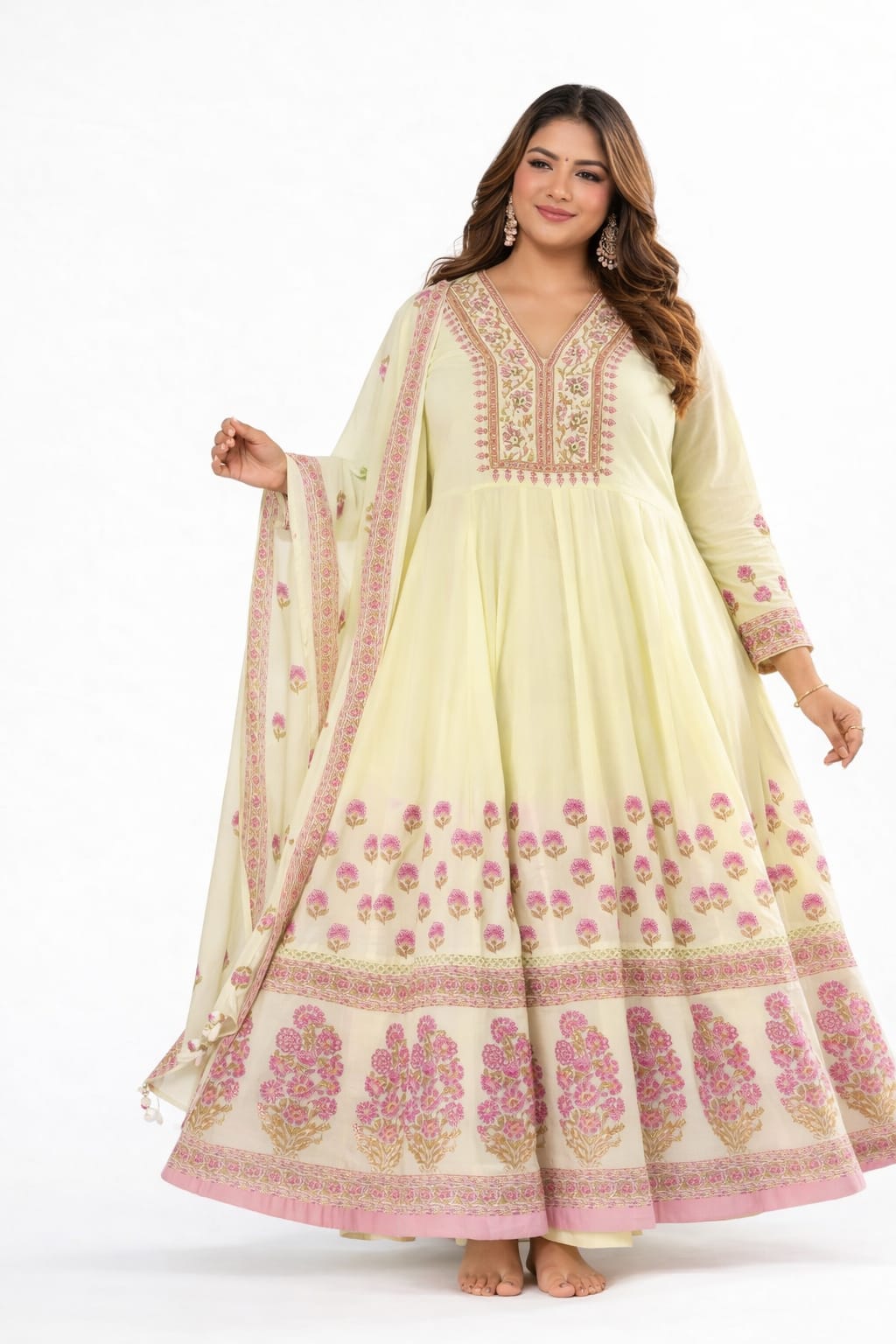 Pista Green Floral Mul Cotton Anarkali
