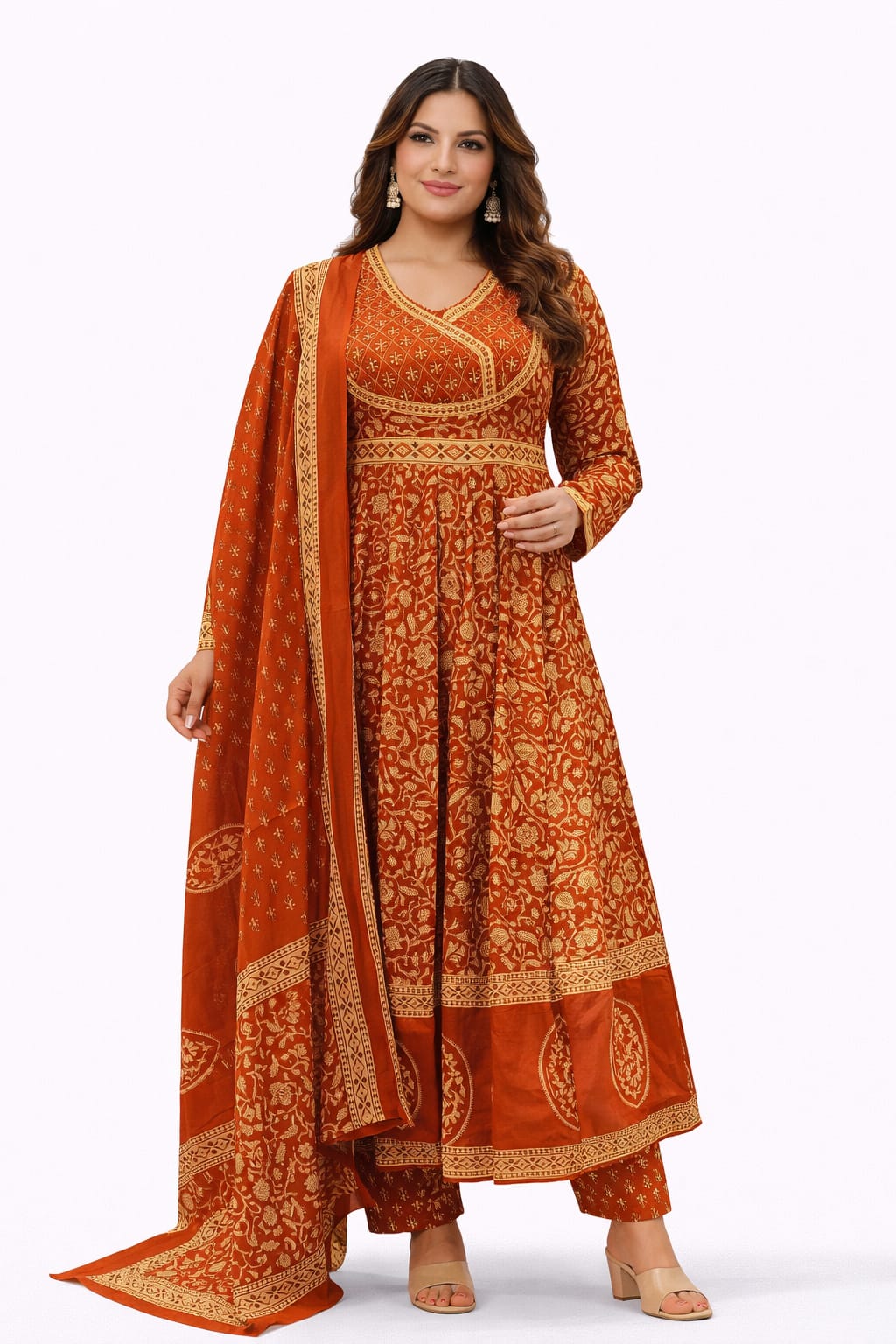 Rust Orange & Gold Wrap Style Anarkali