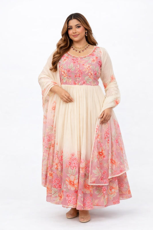 Ivory & Pink Floral Mul Cotton Anarkali