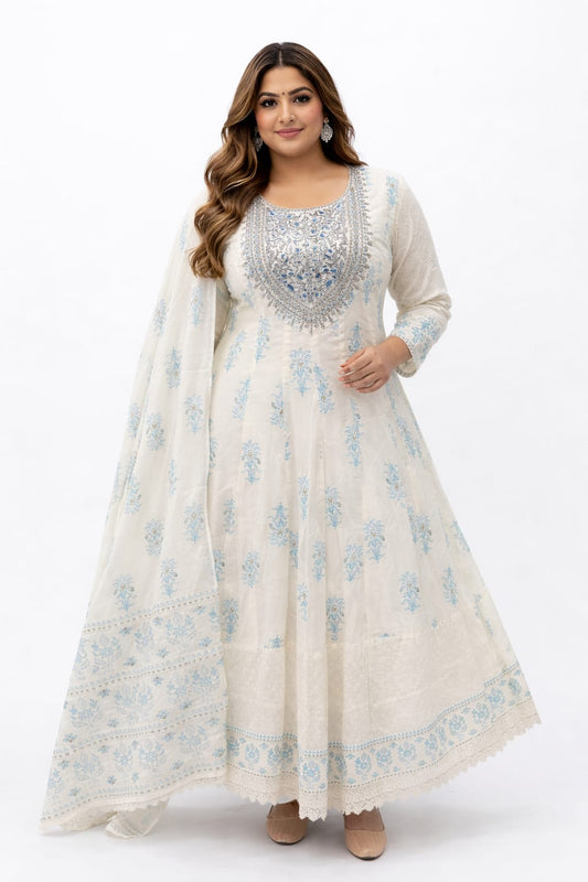 White & Blue Floral Mul Cotton Anarkali