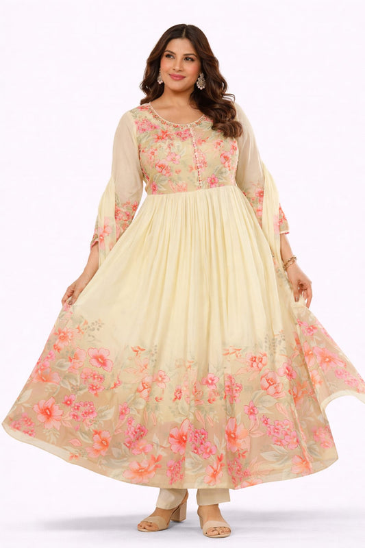 Cream & Peach Floral Mul Cotton Anarkali
