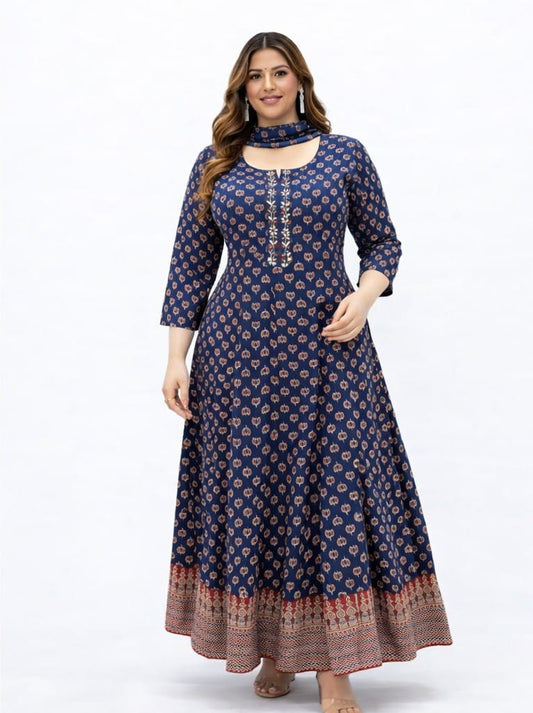 Navy Blue Block Print Cotton Anarkali