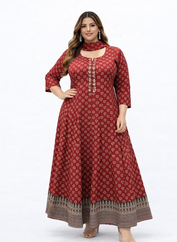 Maroon Block Print Cotton Anarkali