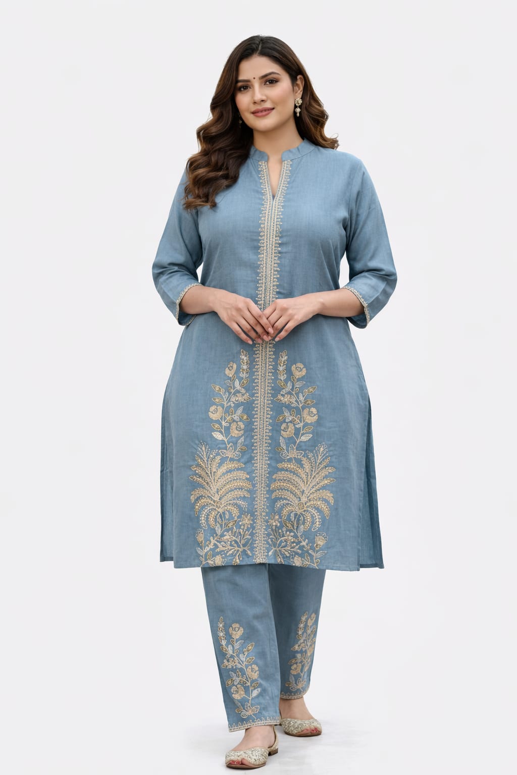 Steel Blue Floral Embroidered Co-ord Set