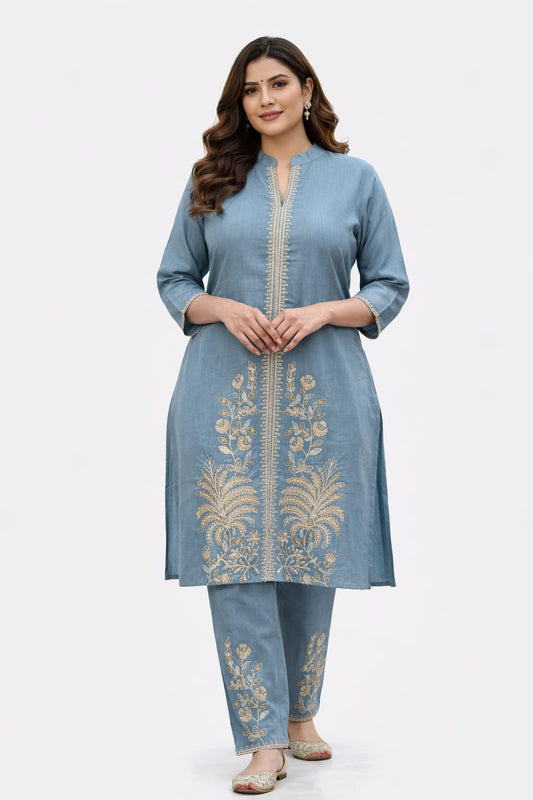 Steel Blue Floral Embroidered Co-ord Set