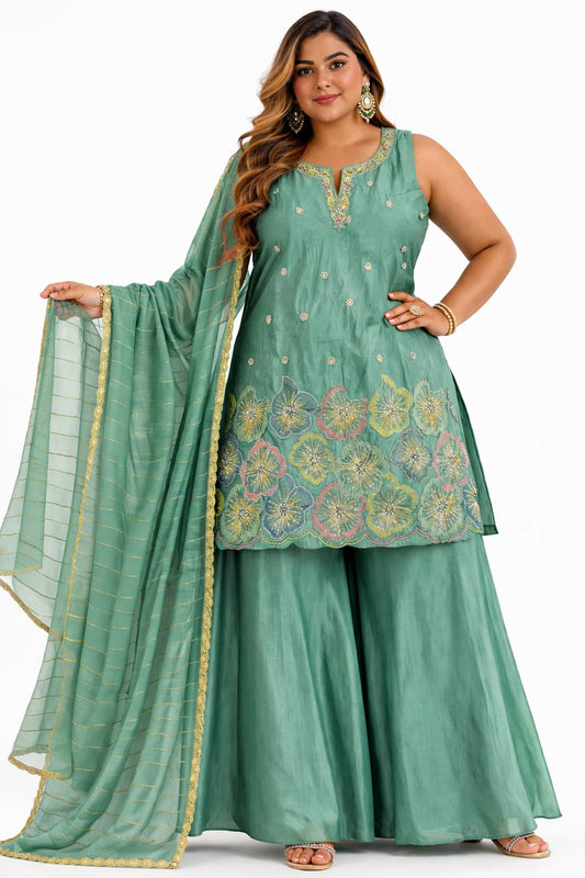 Teal Green Hand Embroidered Sharara Set