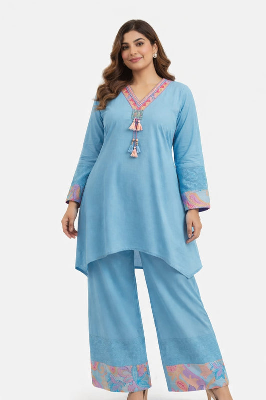 Sky Blue Ethnic Embroidered Co-ord Set