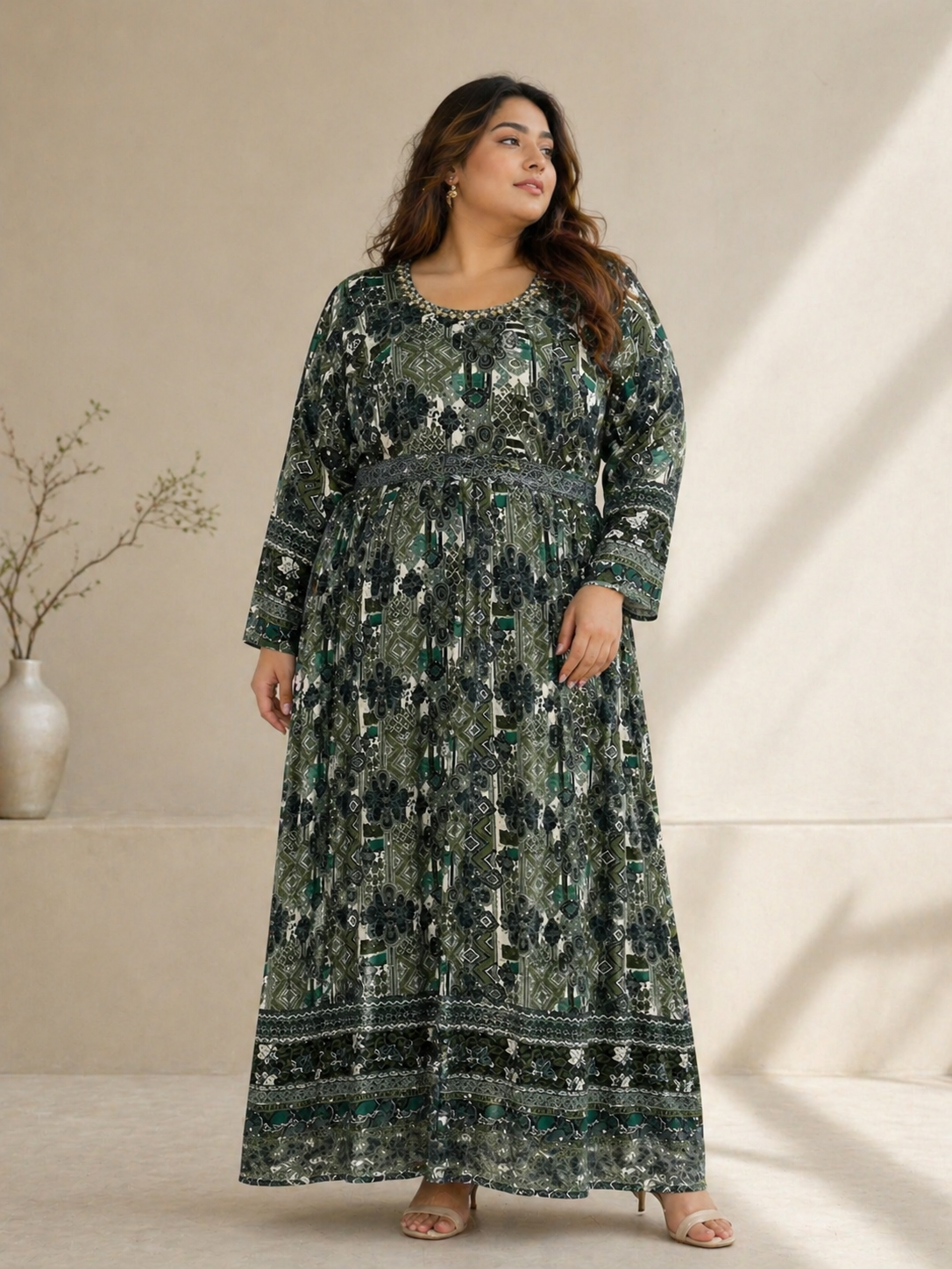 Olive Green Printed Maxi Dress