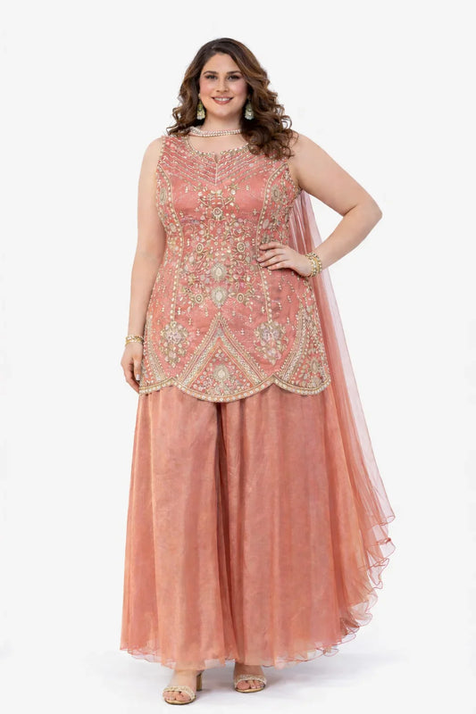 Red Embellished Glass Tissue Sharara Set