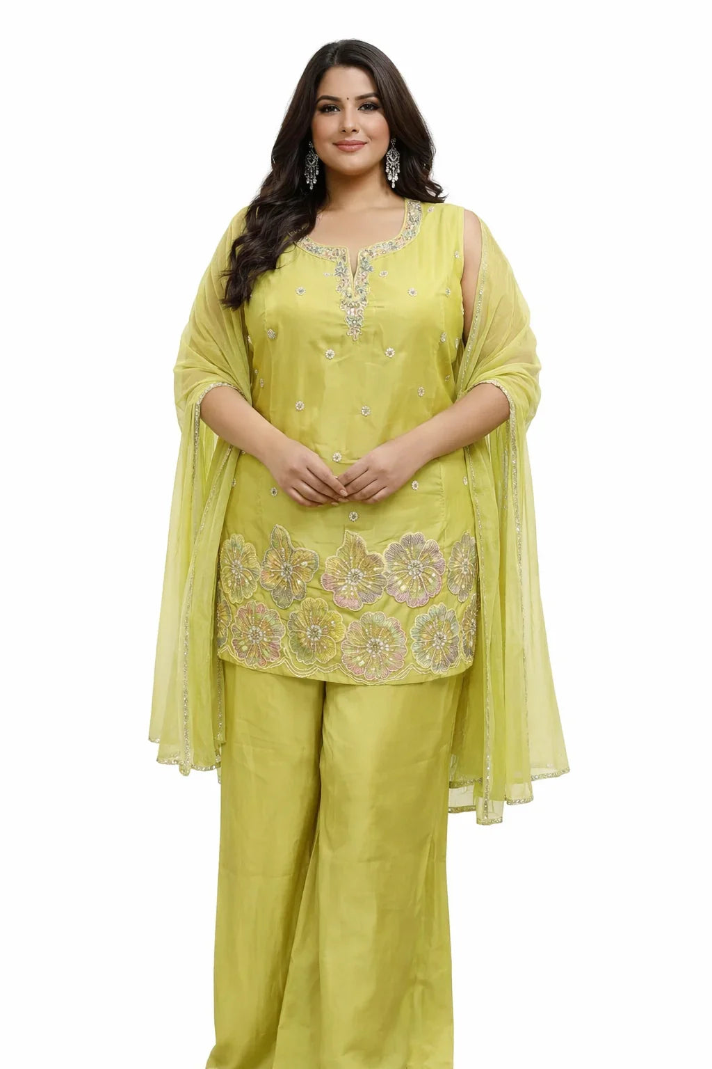 Lime Yellow Hand Embroidered Sharara Set