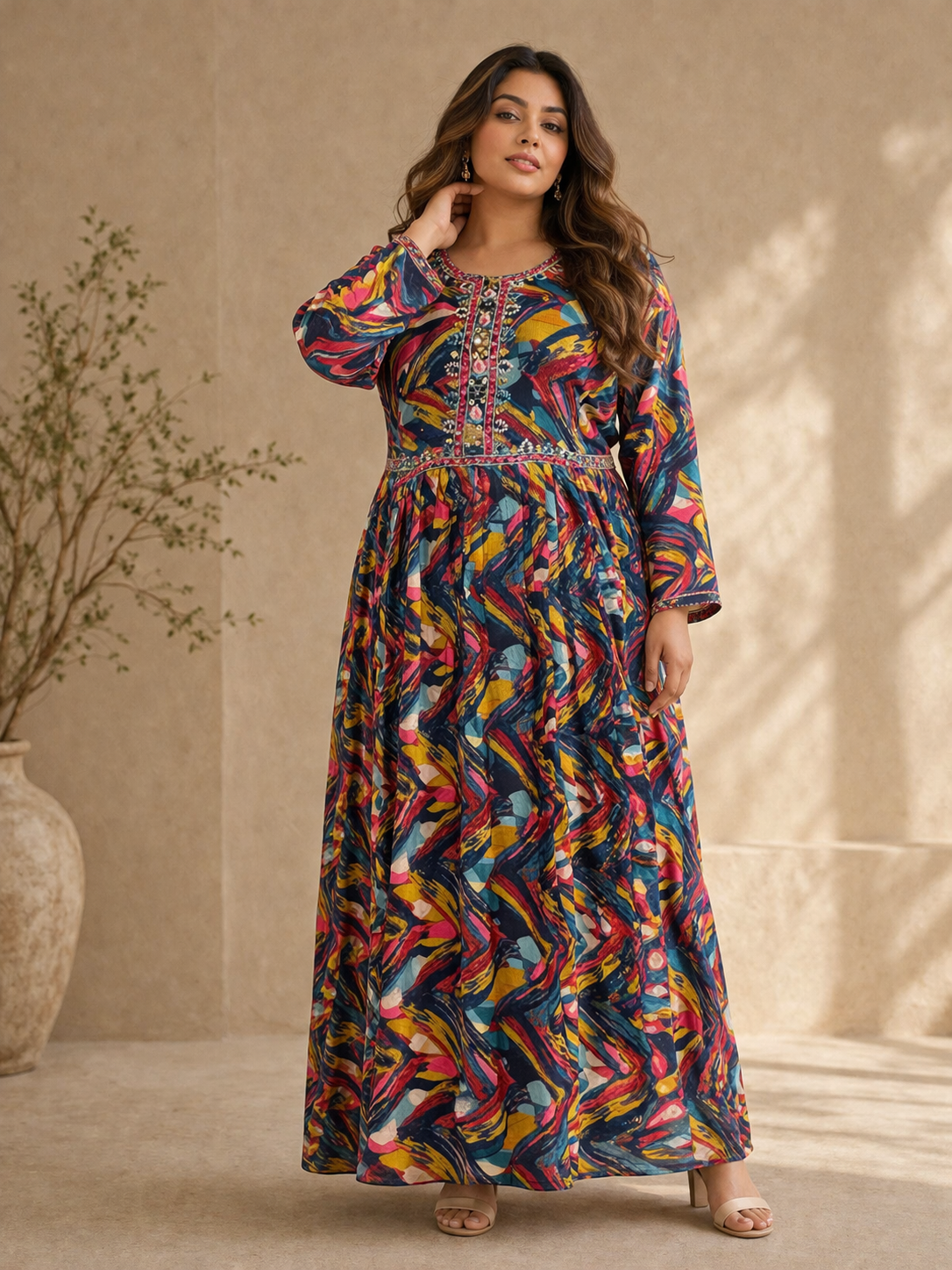 Navy Brushstroke Printed Maxi Dress