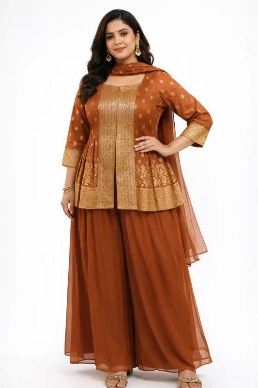 Rust Banarasi Peplum Sharara Set
