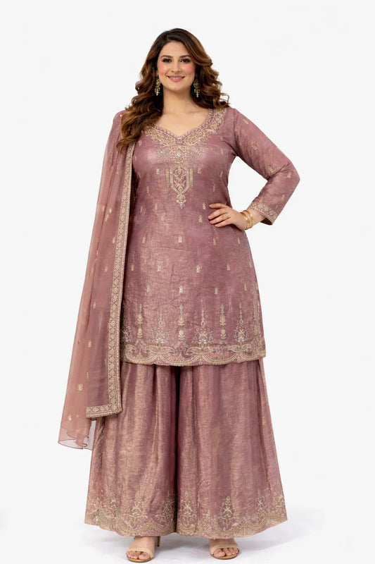 Champagne Brown Glass Tissue Zari Sharara Set