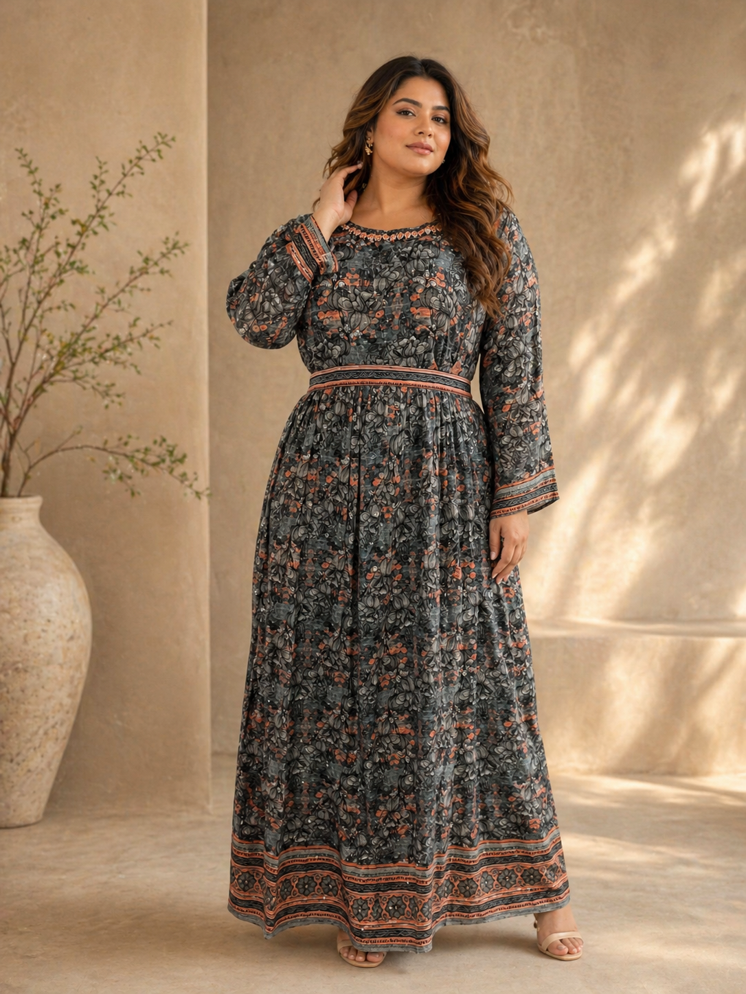 Charcoal Floral Printed Maxi Dress