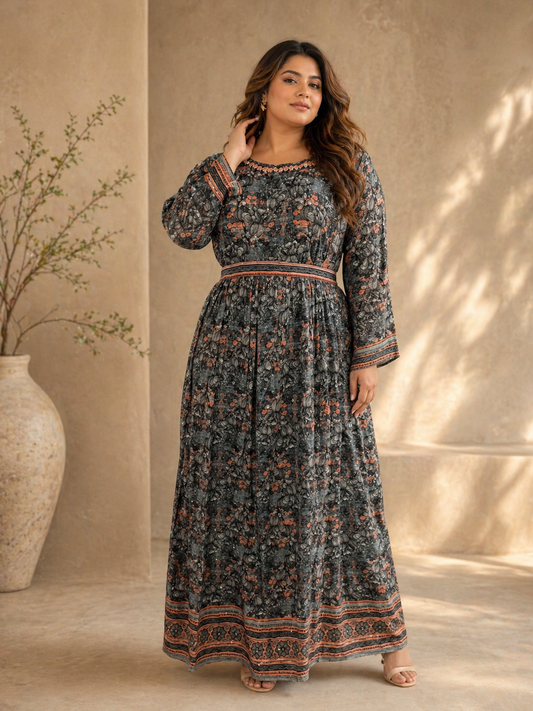 Charcoal Floral Printed Maxi Dress