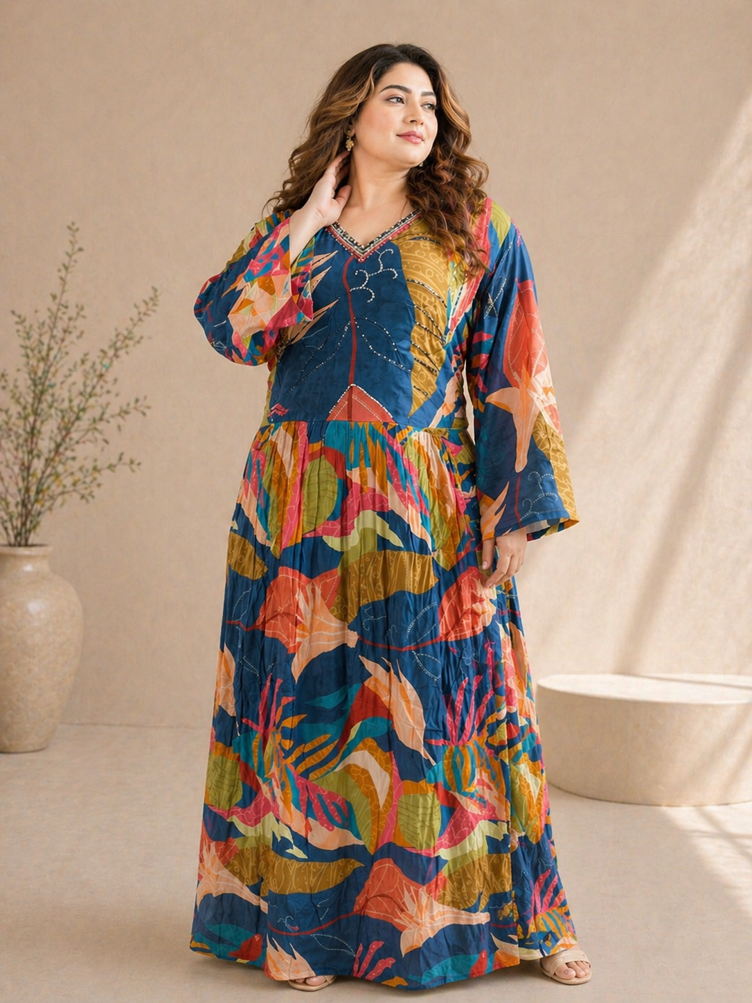 Teal Abstract Botanical Print Crepe Maxi Dress