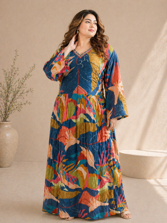 Teal Abstract Botanical Print Crepe Maxi Dress