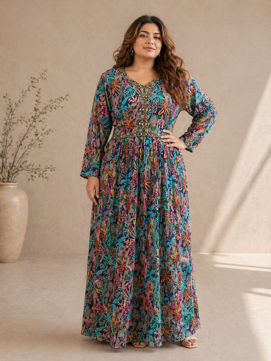 Navy Tropical Print Embellished Crepe Maxi Dress