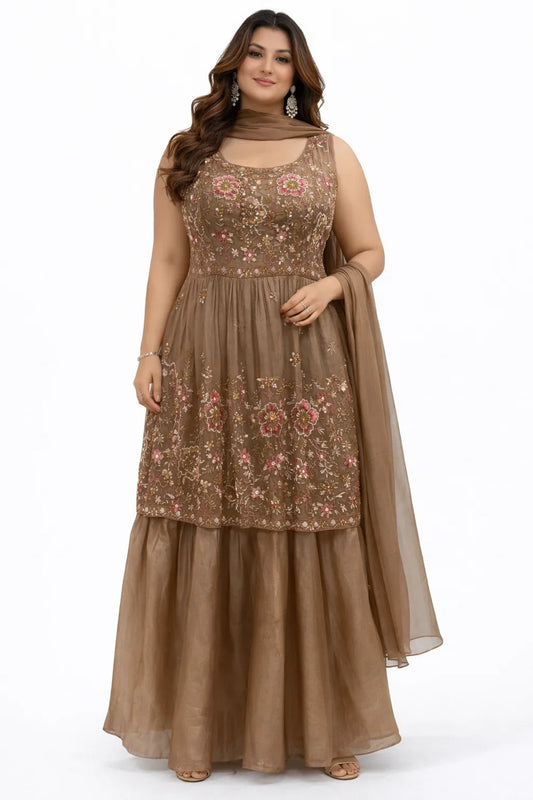 Mocha Floral Embroidered Glass Tissue Sharara Set
