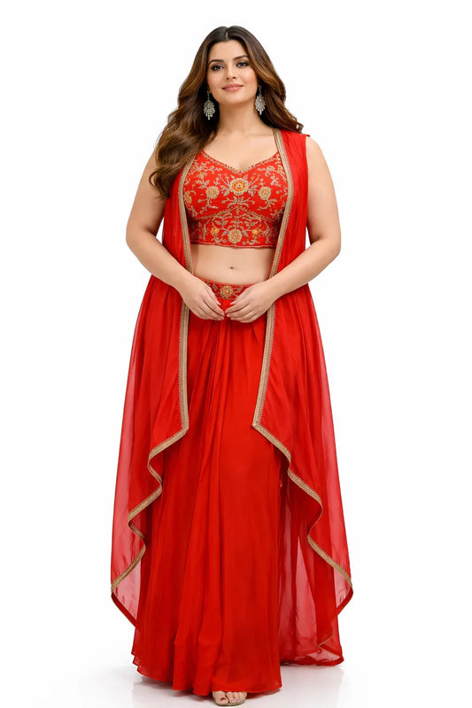 Orange Embroidered Lehenga Set with Cape