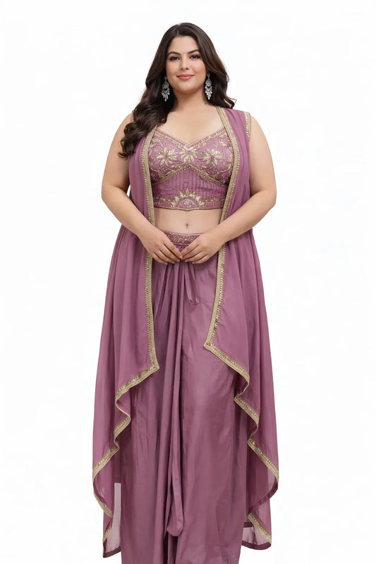 Mauve Embroidered Draped Set with Cape