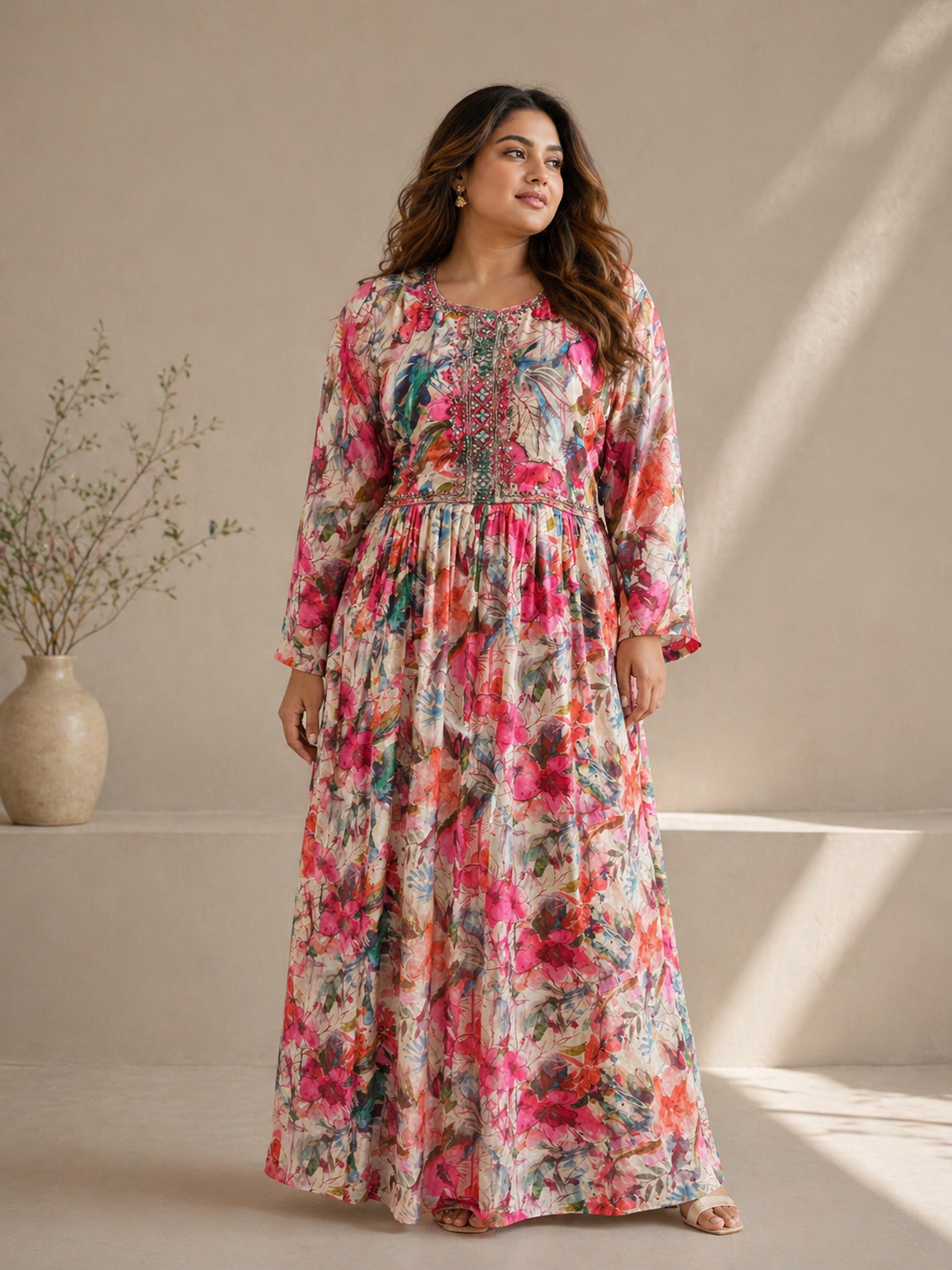 Fuchsia Tropical Floral Printed Crepe Maxi Dress