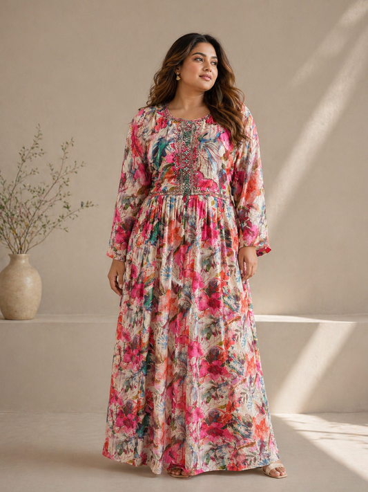 Fuchsia Tropical Floral Printed Crepe Maxi Dress