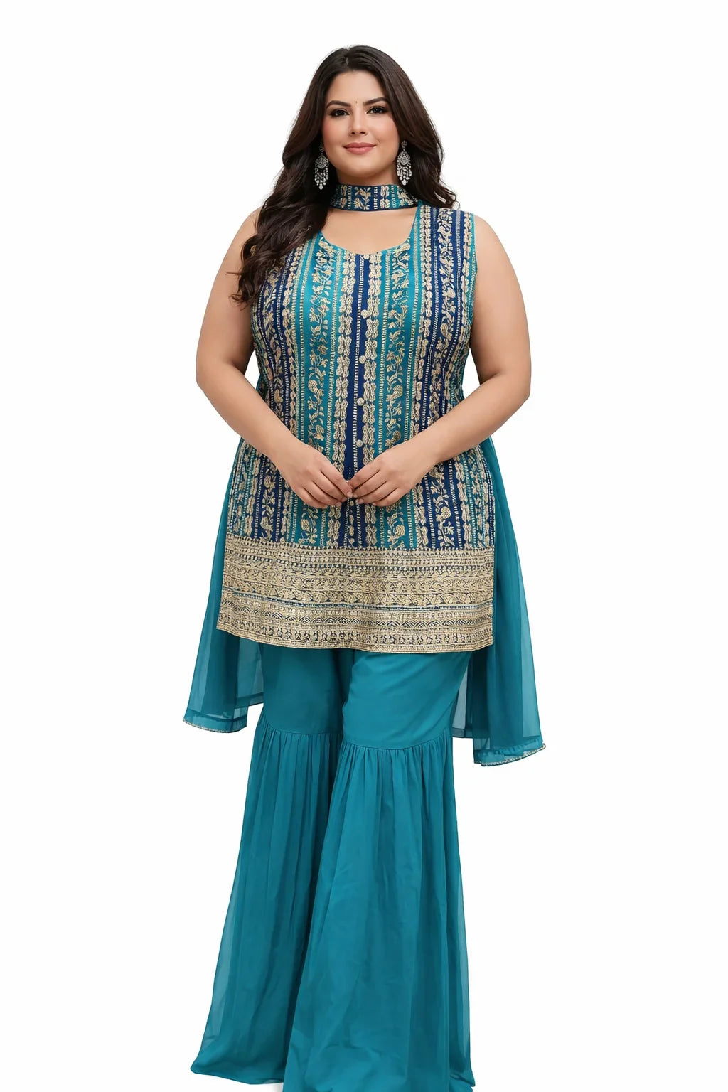 Teal & Navy Zari Embroidered Gharara Set
