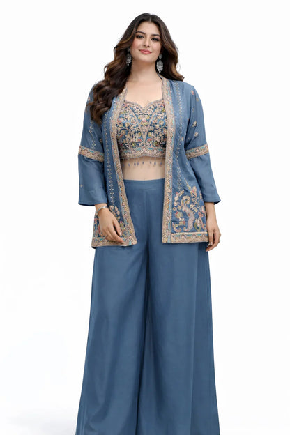 Steel Blue Embroidered Jacket Sharara Set