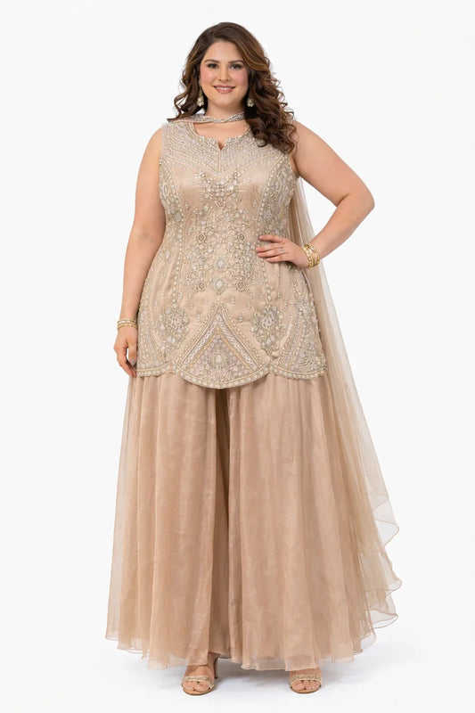 Champagne Brown Embellished Glass Tissue Sharara Set