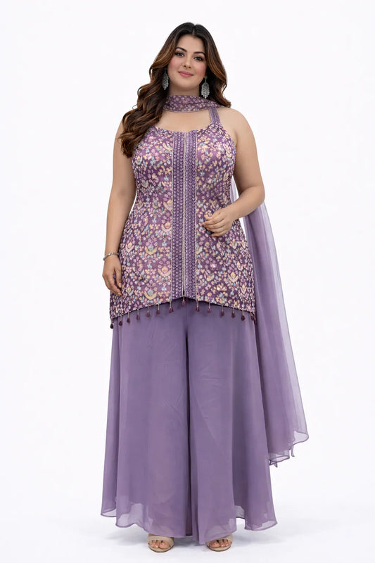 Purple Printed Strappy Neck Sharara Set