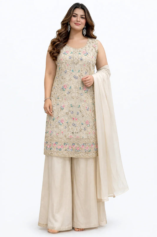 Ivory Floral Embroidered Sharara Set