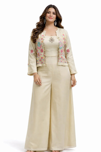 Cream Embroidered Jacket Sharara Set