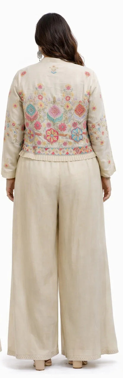 Cream Embroidered Jacket Sharara Set