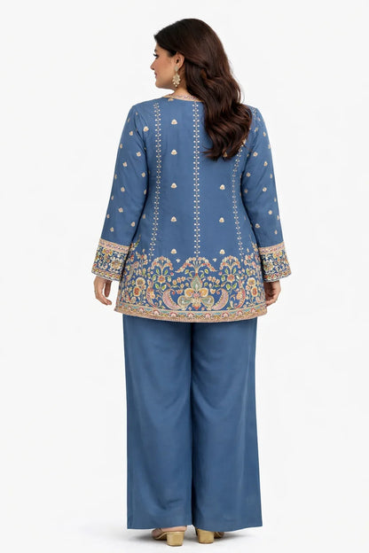 Steel Blue Embroidered Jacket Sharara Set